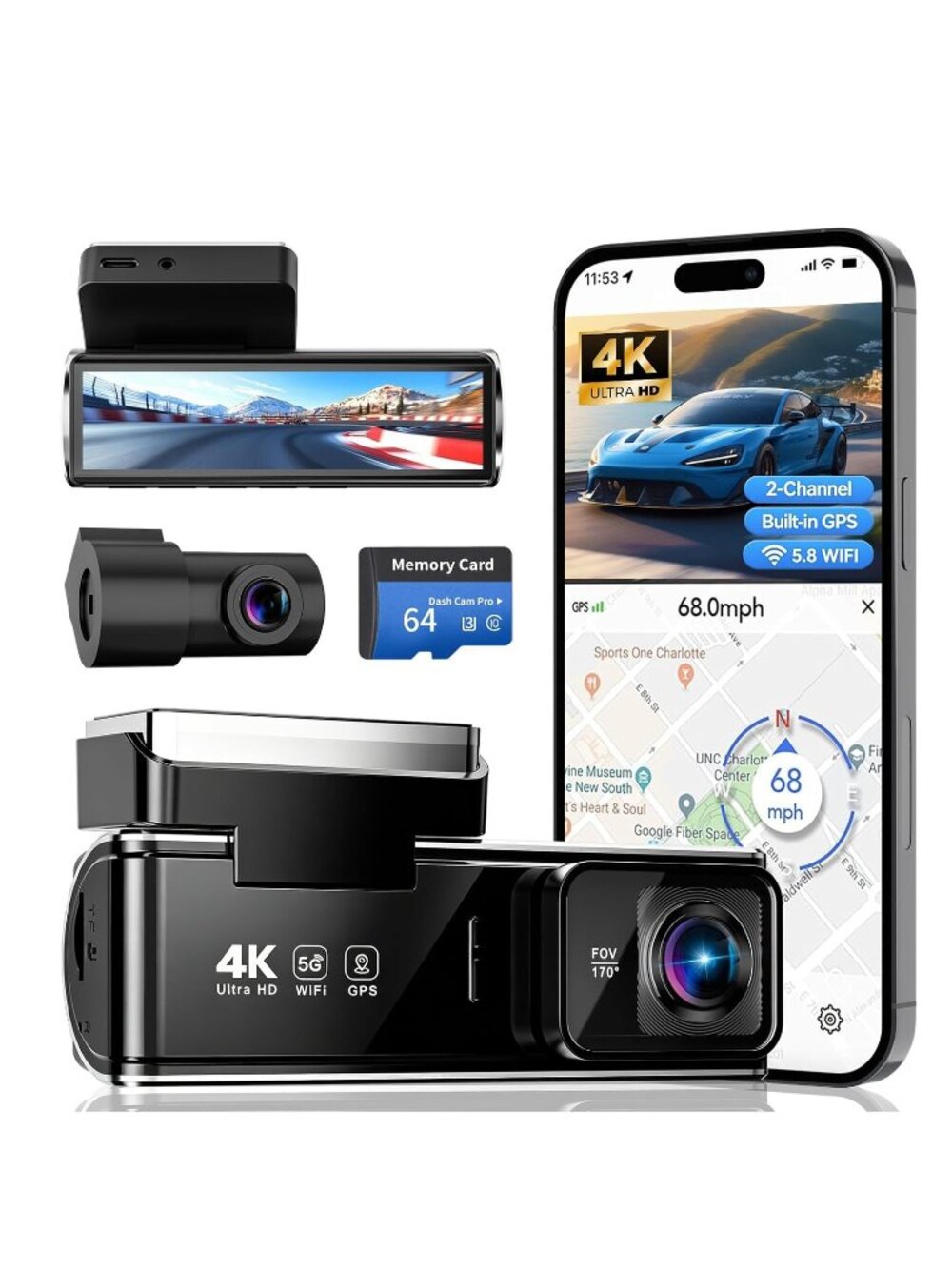 NWT: 4K Dual Dash Cam Front and Rear 64GB Card Included